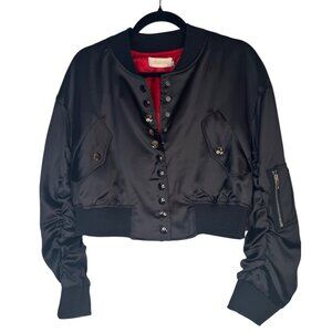 NWT Choosy Womens Size 12 Black Cropped Bomber Jacket Red Lining